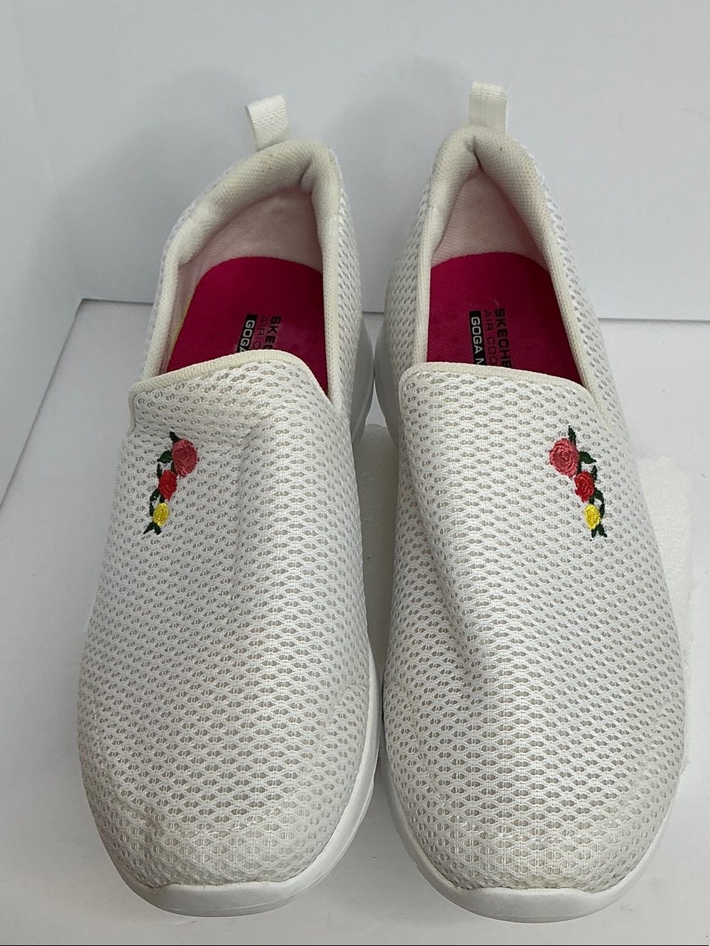 Skechers Cream Slip-On Sneakers with Pink Rose Accent
